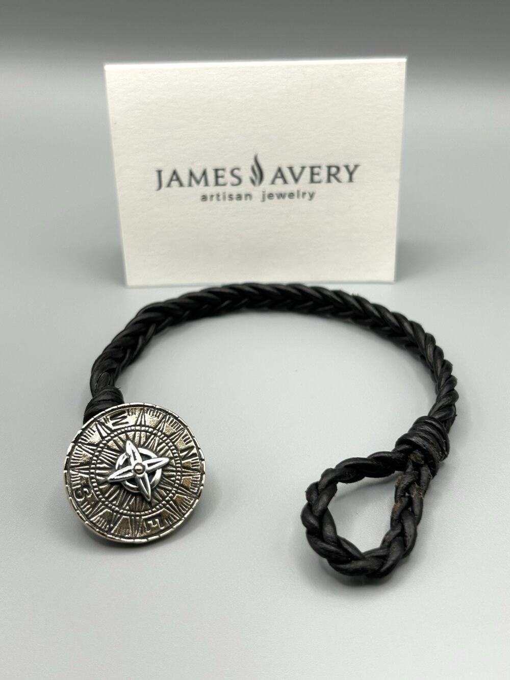 James Avery Retired Sterling Silver Point The Way Braided Leather Bracelet Sz Sm